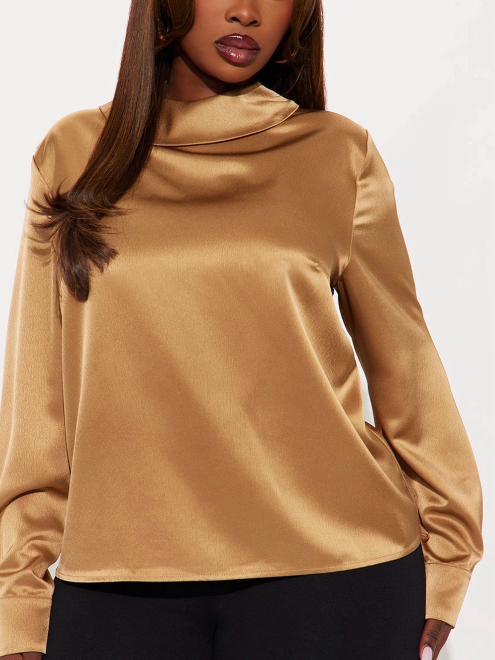 Satin Draped Neck Long Sleeve Blouse - Gold